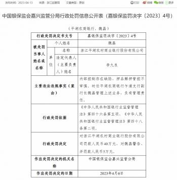 浙江平湖农商银行因内部控制存在缺陷等被罚40万