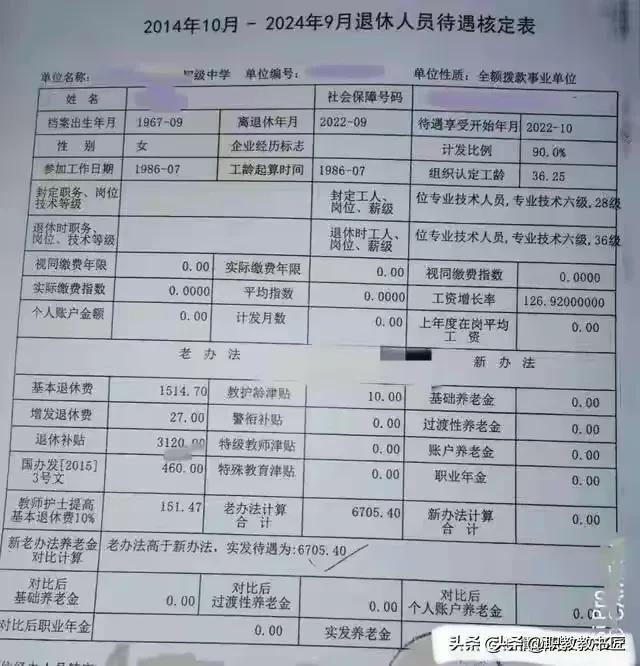 教师预发养老金待遇表解读