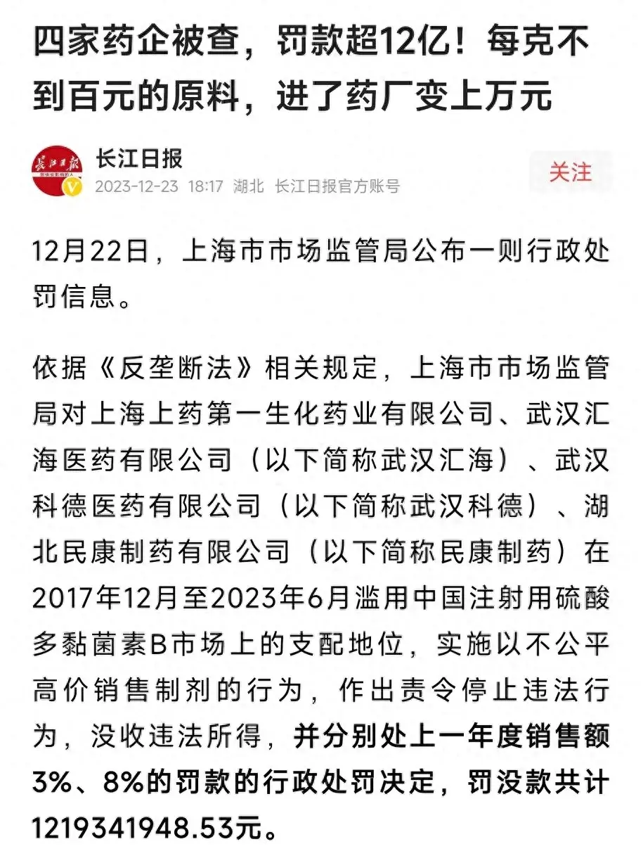 上海四家药企垄断市场，进价不到百元卖出上万元被查罚款超12亿！